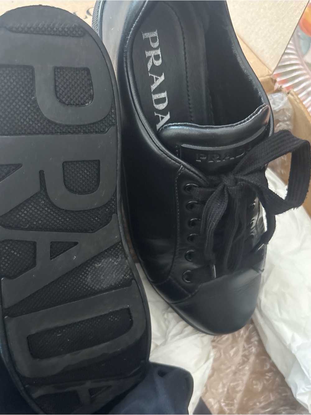 Prada Black Leather Low-Top ladies 7 authentic Lace-Up Sneakers